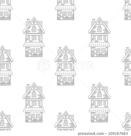 Seamless pattern with beautiful stone house doodle on white background. Vector illustration. Hand outline drawing. Seamless pattern with beautiful stone house doodle on white background. Vector illustration. Hand outline drawing. 109167663