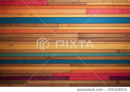 Colorful Patchwork: A Vibrant Display of Multicolored Boards on a Wooden Wall Colorful Patchwork: A Vibrant Display of Multicolored Boards on a Wooden Wall 109168010