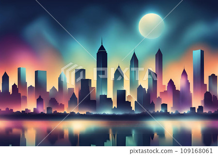 Night city with reflection in water. Generative AI Night city with reflection in water. Generative AI 109168061