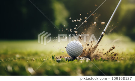 Golf ball with sport background design for banner with copy space.Created with Generative AI technology Golf ball with sport background design for banner with copy space.Created with Generative AI technology 109168127