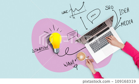 Creative workplace with strategy, laptop, yellow light bulb and plan, top view. Successful business girl works on a laptop and drinks coffee, concept. Management and workflow. Growth and start up Creative workplace with strategy, laptop, yellow light bulb and plan, top view. Successful business girl works on a laptop and drinks coffee, concept. Management and workflow. Growth and start up 109168319