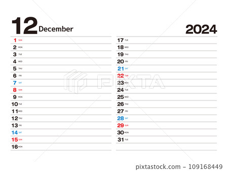 2024年行程日曆_12月,你可以在其中寫下你的行程 2024年行程日曆_12月,你可以在其中寫下你的行程 109168449
