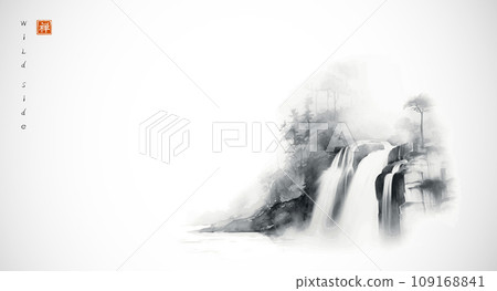 Misty landscape with a serene forest waterfall. Traditional oriental ink painting sumi-e, u-sin, go-hua. Translation of hieroglyph - well-being Misty landscape with a serene forest waterfall. Traditional oriental ink painting sumi-e, u-sin, go-hua. Translation of hieroglyph - well-being 109168841