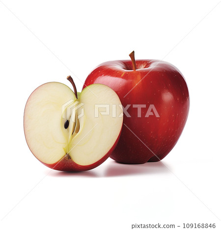 Symmetrical Cut of a Luscious Red Apple on White Surface. AI generation 109168846