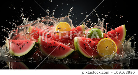 Explosion of Freshness: Watermelon and Citrus Fruit Splashes in Water. AI generation 109168980