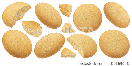 Falling sponge cakes, butter cookies isolated on white background Falling sponge cakes, butter cookies isolated on white background 109169058