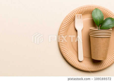 set of empty reusable disposable eco-friendly plates, cups, utensils on light white colored table background. top view. Biodegradable craft dishes. Recycling concept. Close-up 109169372
