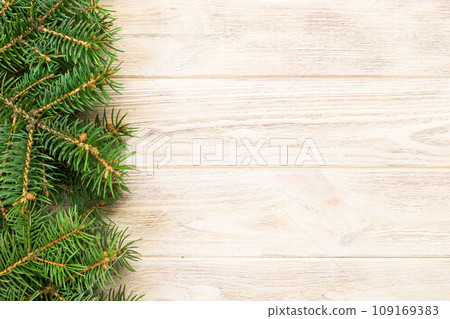 Christmas gray wooden background with fir tree and copy space. top view empty space for your design 109169383