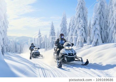 Winter Wonderland Exploration: Exciting Snowmobiling Amidst Serene Snowy Forests Winter Wonderland Exploration: Exciting Snowmobiling Amidst Serene Snowy Forests 109169686