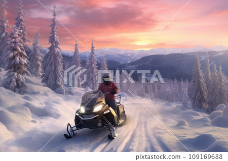 Immersive Winter Adventure: Snowmobiling Journey in Enchanting Snowy Forests Immersive Winter Adventure: Snowmobiling Journey in Enchanting Snowy Forests 109169688