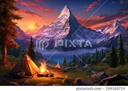 Scenic Sunset View with Tourist Tent and Campfire in Front of Mountain Range Scenic Sunset View with Tourist Tent and Campfire in Front of Mountain Range 109169724