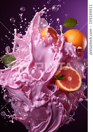 Citrus Burst with Pink Liquid Splash and Ice Cubes. AI generation Citrus Burst with Pink Liquid Splash and Ice Cubes. AI generation 109169911