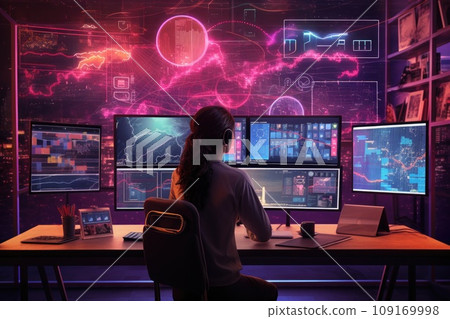 Modern female analyst examining big data on multiple screens in a professional work environment 109169998