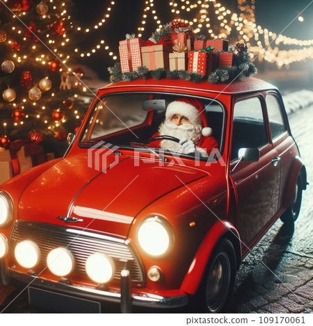 Christmas is coming. Santa Claus on car delivering New Year gifts and Christmas tree Christmas is coming. Santa Claus on car delivering New Year gifts and Christmas tree 109170061