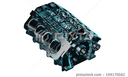 Close up fully textured realistic 3D render of top of the line vehicle motor block assembled with titanium alloy cylinders casings, pistons, and other premium industrial hardware, white background Close up fully textured realistic 3D render of top of the line vehicle motor block assembled with titanium alloy cylinders casings, pistons, and other premium industrial hardware, white background 109170082