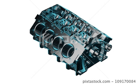 Close up detailed fully textured 3D render over white background of vehicle motor block assembled with cylinders casings, cranks, coolant passages and other engineering parts 109170084
