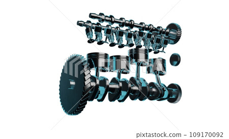3D rendering of titanium alloy car engine isolated on white background. Premium vehicle component cylinders with crankshaft made with precise masterful engineering to be used on automobiles 109170092