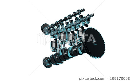 Close up detailed fully textured 3D render over white background of automotive motor with pistons, camshaft, valves and other mechanical components offering high performance 109170098