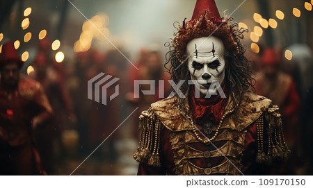 Sinister Clown in Red Amidst Festive Twilight. AI generation Sinister Clown in Red Amidst Festive Twilight. AI generation 109170150