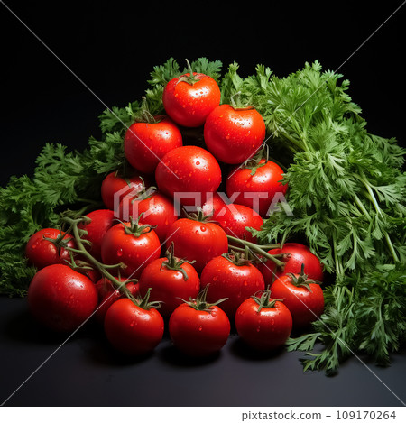Fresh Tomatoes Cluster with Parsley on a Dark Tableau. AI generation Fresh Tomatoes Cluster with Parsley on a Dark Tableau. AI generation 109170264
