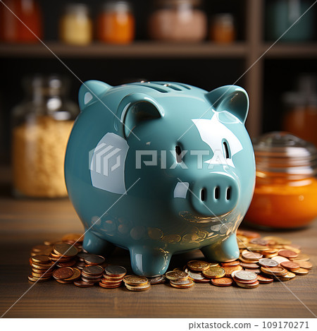 Cerulean Piggy Bank Amidst Accumulating Wealth. AI generation Cerulean Piggy Bank Amidst Accumulating Wealth. AI generation 109170271