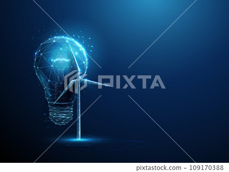 Abstract blue glowing light bulb near the wind turbine inside. Renewable power generation. Green energy concept Low poly 109170388