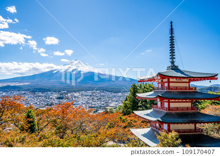 Arakurayama Sengen Park, majestic Mt. Fuji and vermilion five-storied pagoda, autumn leaves of cherry blossoms, autumn Arakurayama Sengen Park, majestic Mt. Fuji and vermilion five-storied pagoda, autumn leaves of cherry blossoms, autumn 109170407