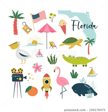 Colorful composition, circle design with famous symbols, animals of Florida state, USA. 109170475