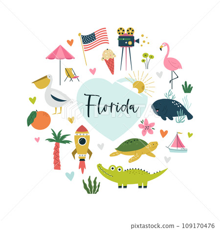 Colorful composition, circle design with famous symbols, animals of Florida state, USA. Colorful composition, circle design with famous symbols, animals of Florida state, USA. 109170476