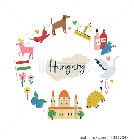 Colorful composition, circle design with famous symbols, animals of Hungary 109170483