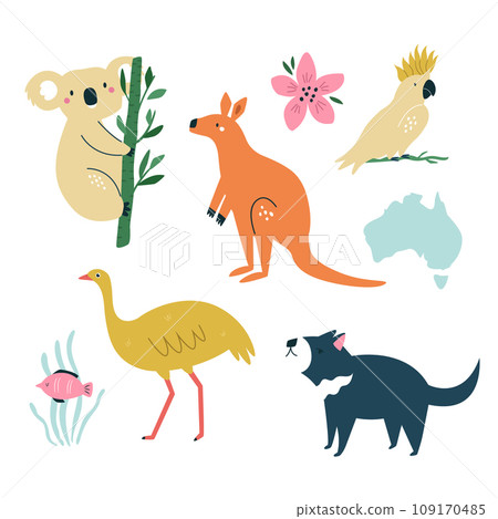 Colorful set of Australian animals - koala, kangaroo, cockatoo, emu, tasmania devil 109170485