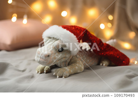 Cute Little Dragon Wearing a Santa Claus Hat for Christmas Celebration Cute Little Dragon Wearing a Santa Claus Hat for Christmas Celebration 109170493