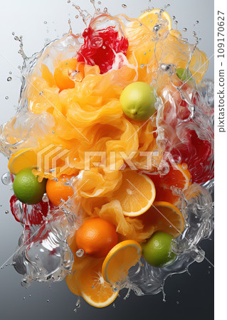 Fresh Citrus Surge: Oranges and Limes Amidst a Splash of Vivid Hues. AI generation Fresh Citrus Surge: Oranges and Limes Amidst a Splash of Vivid Hues. AI generation 109170627