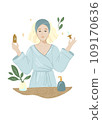 Woman applying moisturizing oil on face skin. Eco natural facial skincare essence. Girl with liquid moisturizer, beauty care product. Flat graphic vector illustration isolated on white background 109170636