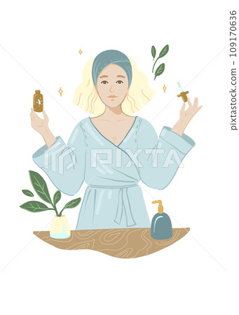 Woman applying moisturizing oil on face skin. Eco natural facial skincare essence. Girl with liquid moisturizer, beauty care product. Flat graphic vector illustration isolated on white background 109170636
