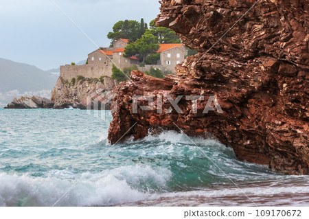 Sveti Stefan at sunset, Montenegro, waves 109170672