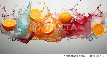 Citrus Jubilee: Oranges Engulfed in a Vivid Splash of Juices and Water. AI generation 109170712