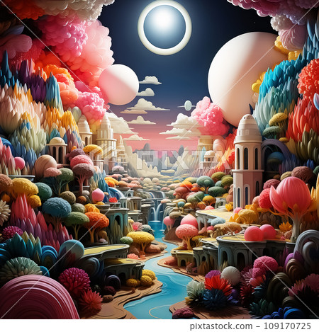 Psychedelic surreal nature landscape. AI generation 109170725
