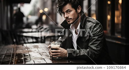 Contemplative Young Man Enjoying Coffee on a Rainy Day. AI generation Contemplative Young Man Enjoying Coffee on a Rainy Day. AI generation 109170864