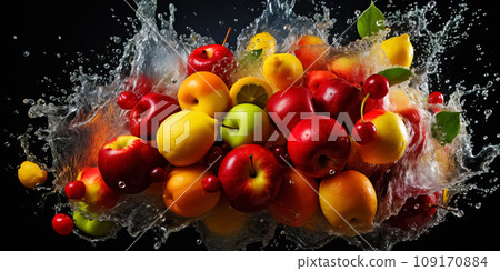 Fresh Fruits Bursting with Water Splash Isolated on Black. AI generation 109170884