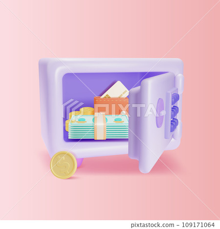 3d Open Safe with Different Money Credit Card, Cash and Gold Coin Cartoon Style. Vector illustration 3d Open Safe with Different Money Credit Card, Cash and Gold Coin Cartoon Style. Vector illustration 109171064