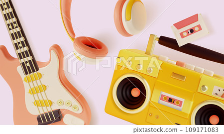 3d Musical Background Symbols of Eighties Music Cartoon Style Include of Electric Guitar, Boombox and Audio Cassette. Vector illustration 109171083