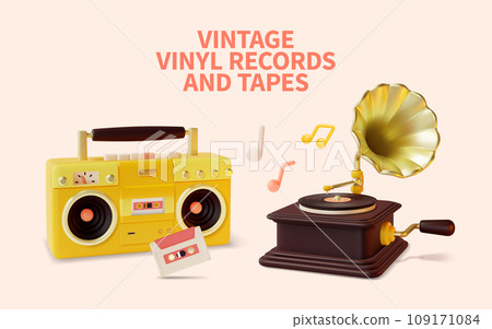 3d Vintage Vinyl Records and Tapes Concept Cartoon Style Include of Gramophone, Boombox and Audio Cassette. Vector illustration 109171084