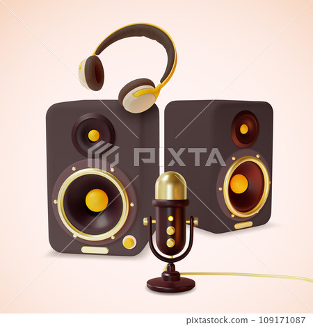 3d Sound Speakers, Headphones and Microphone Set Cartoon Style Equipment for Concert or Broadcasting. Vector illustration 109171087