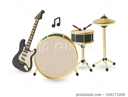 3d Drum Kit and Electric Guitar Cartoon Style Musical Instrument for Rock Metal Concert . Vector illustration of Drums Set with Cymbals 109171089