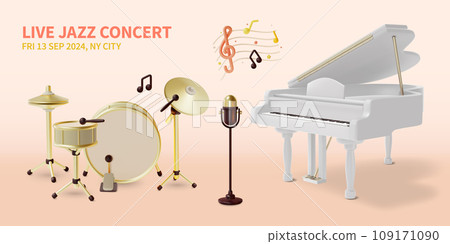 3d Live Jazz Concert Invitation Poster Template Cartoon Style. Vector illustration of Music Festival or Musical Event 109171090