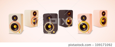 3d Different Color Sound Speakers Set Cartoon Style Modern Acoustic System Elements. Vector illustration of Loudspeakers 3d Different Color Sound Speakers Set Cartoon Style Modern Acoustic System Elements. Vector illustration of Loudspeakers 109171092