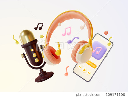 3d Music and Audiobook Subscription Concept Cartoon Style Include of Microphone, Headphones and Smartphone. Vector illustration of Streaming Service 3d Music and Audiobook Subscription Concept Cartoon Style Include of Microphone, Headphones and Smartphone. Vector illustration of Streaming Service 109171108