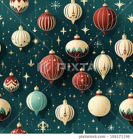 Festive Christmas Ornaments Pattern on Teal Background. AI generation 109171196