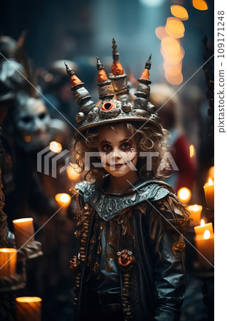 Child in Fantasy Costume with Towering Hat Candles. AI generation Child in Fantasy Costume with Towering Hat Candles. AI generation 109171248